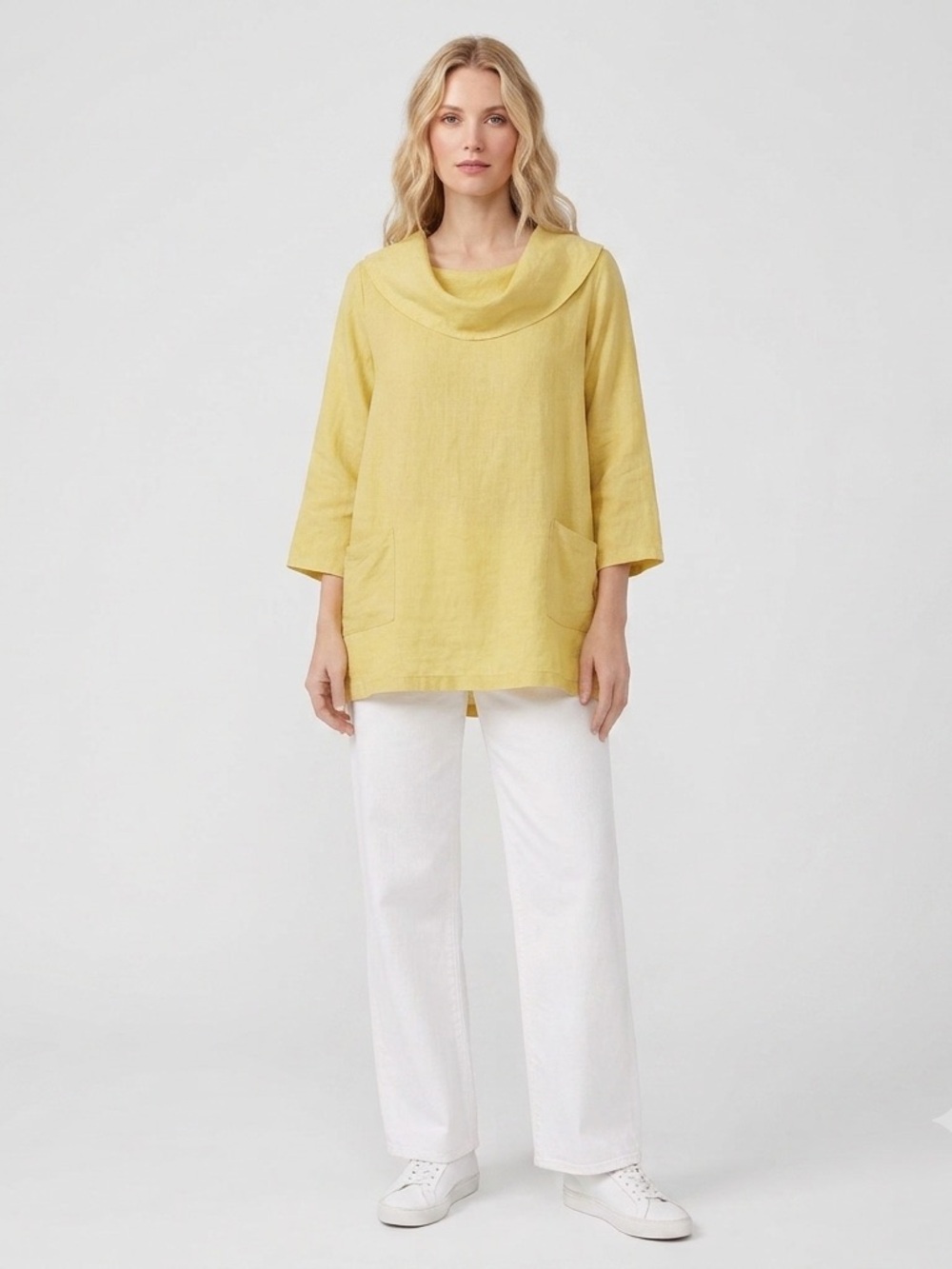 Match Point 100% linen cowl neck blouse top Size‎ S yellow lagenlook boho